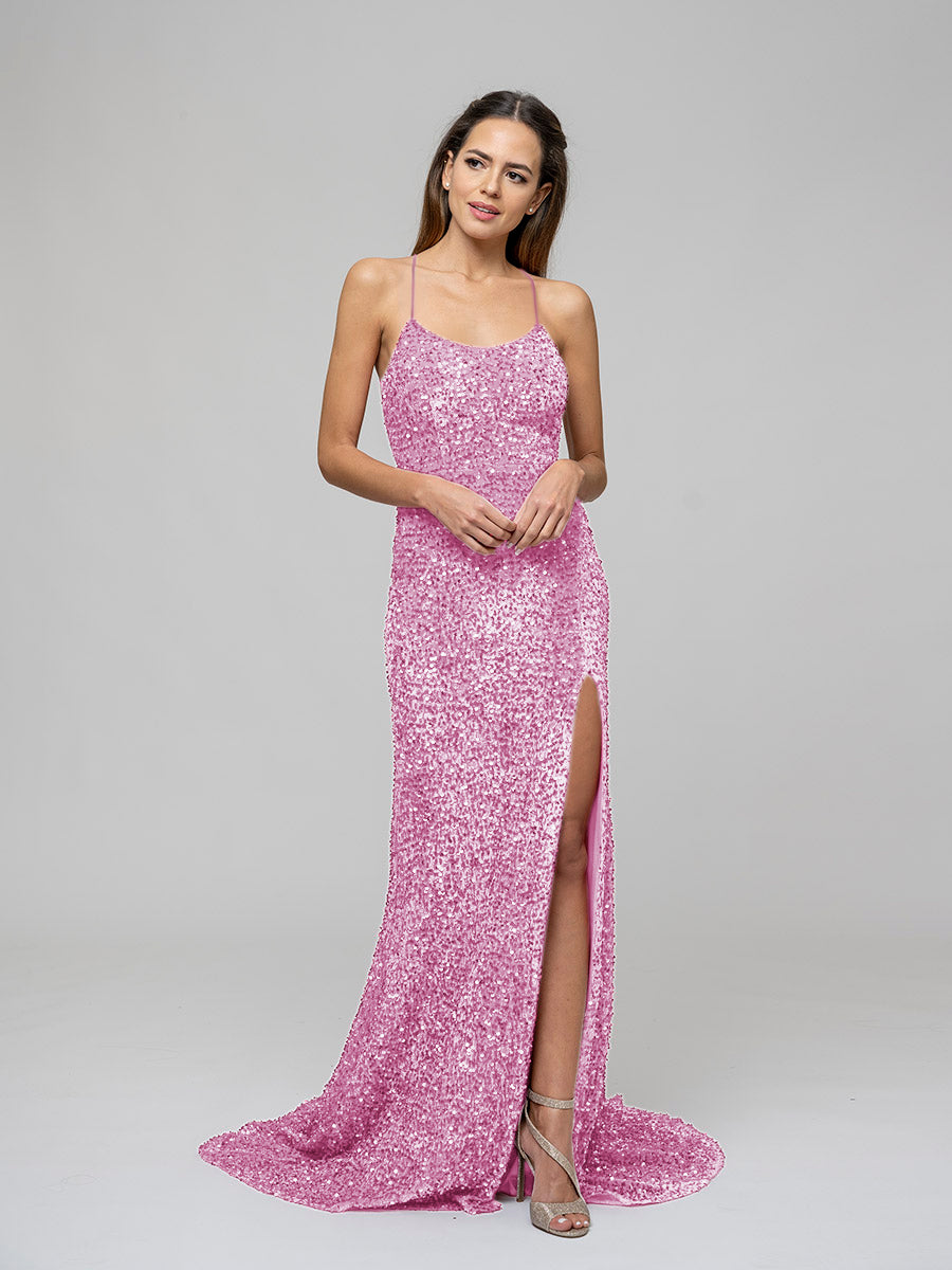 Sequin Side Split Scoop Neckline Fitted Long Prom Gown