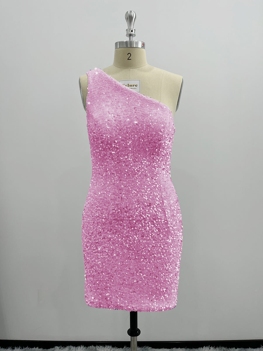 Shiny One Shoulder Velvet Sequin Sheath Homecoming Dresses
