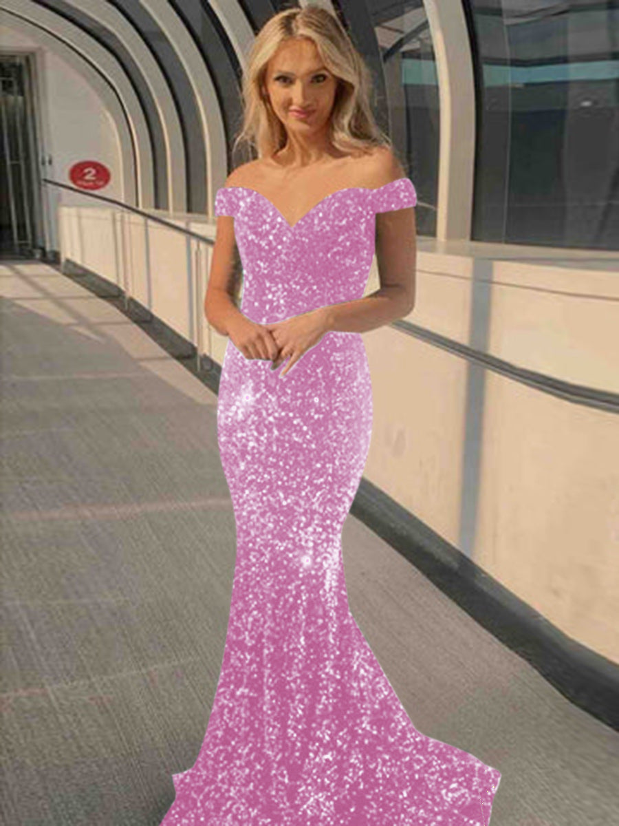 Mermaid Off the Shoulder Sexy Long Velvet Sequin Prom Dress