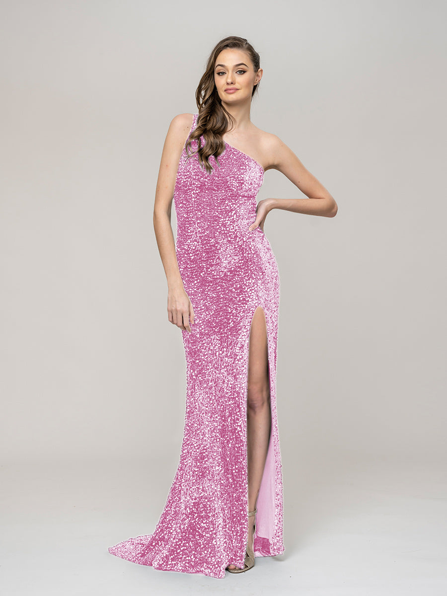 All Over Sequin One Shoulder Fitted Long Prom Dresses