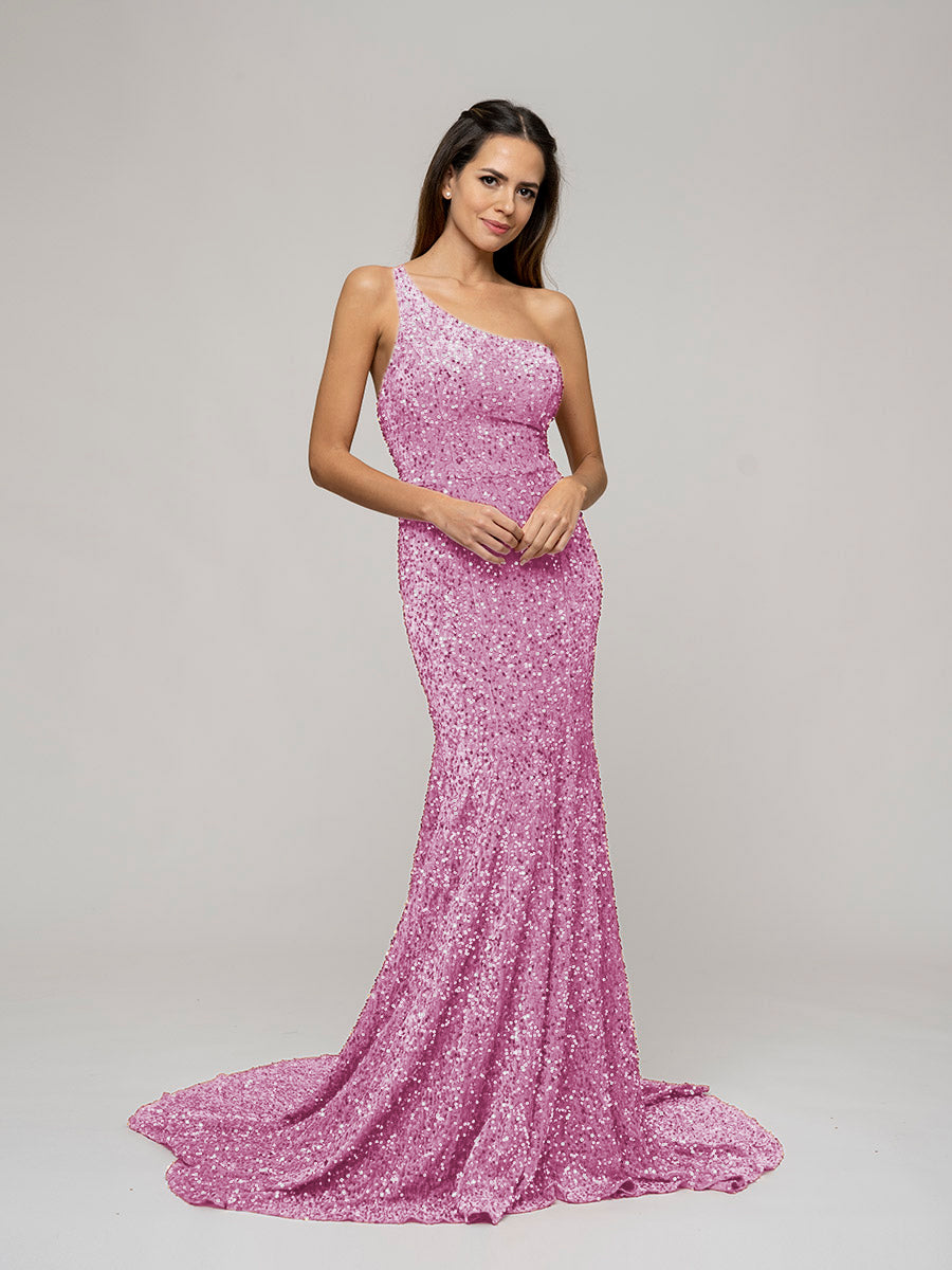 Straps Back One Shoulder Sequin Fitted Prom Dresses