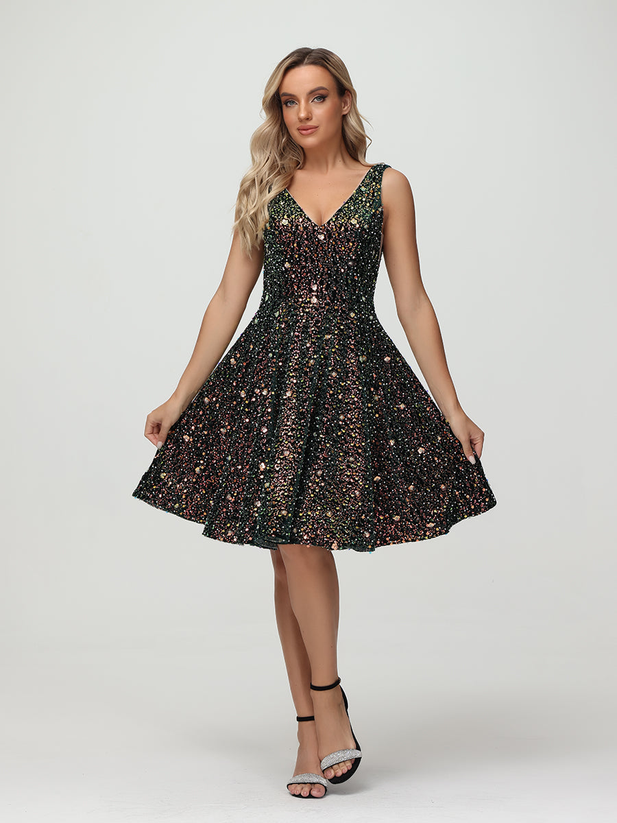 Straps V Neck Velvet Sequin A Line Homecoming Dresses