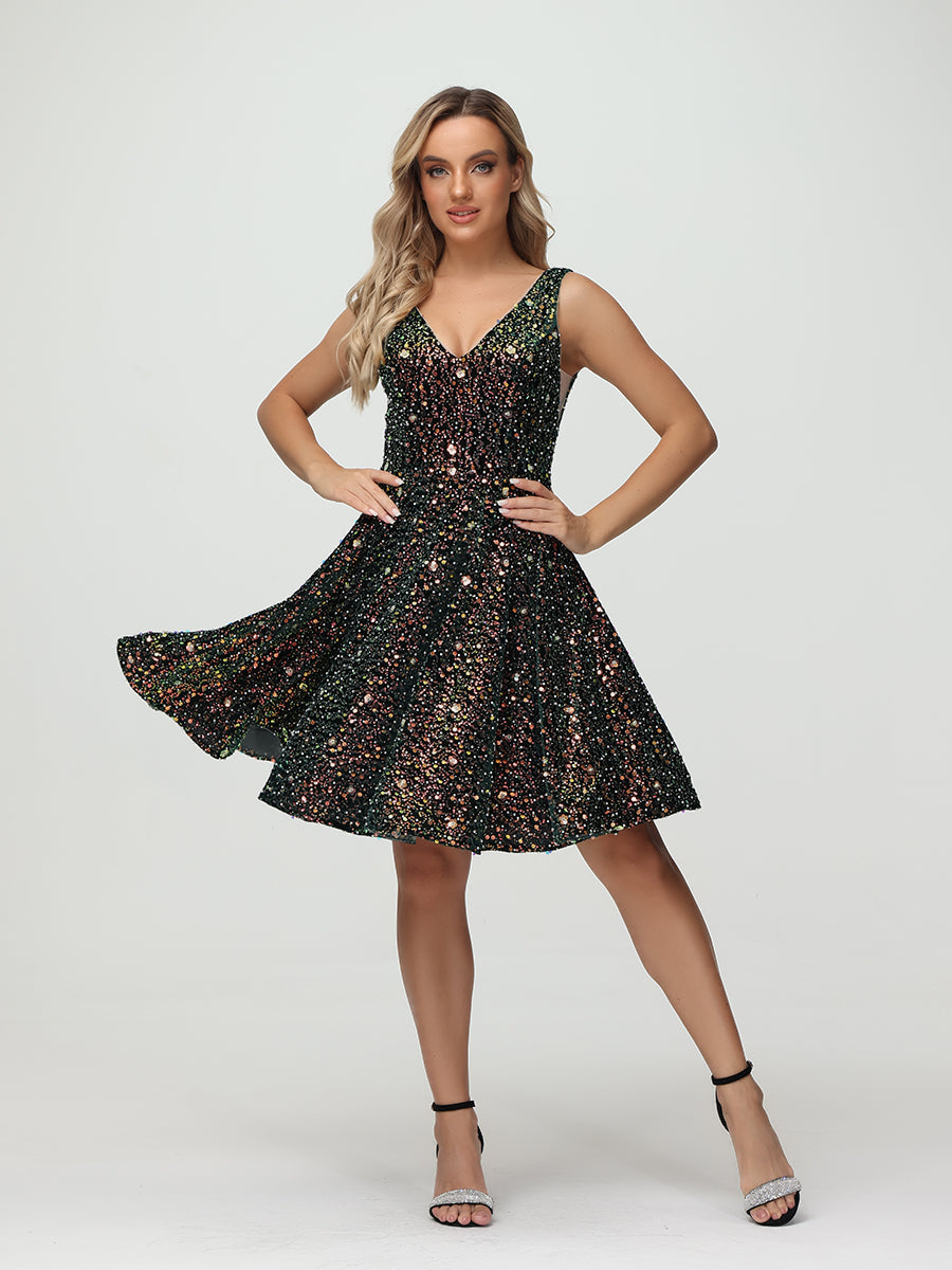 Straps V Neck Velvet Sequin A Line Homecoming Dresses