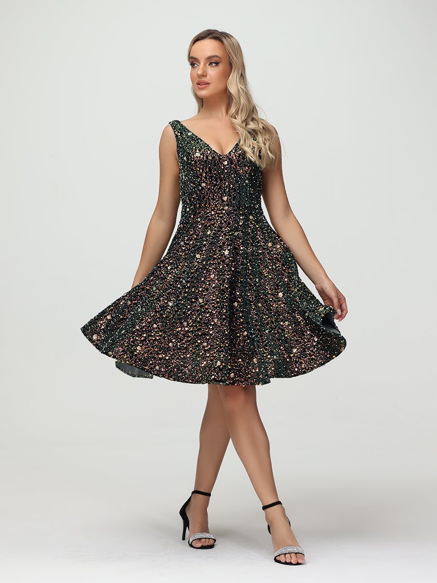 Straps V Neck Velvet Sequin A Line Homecoming Dresses