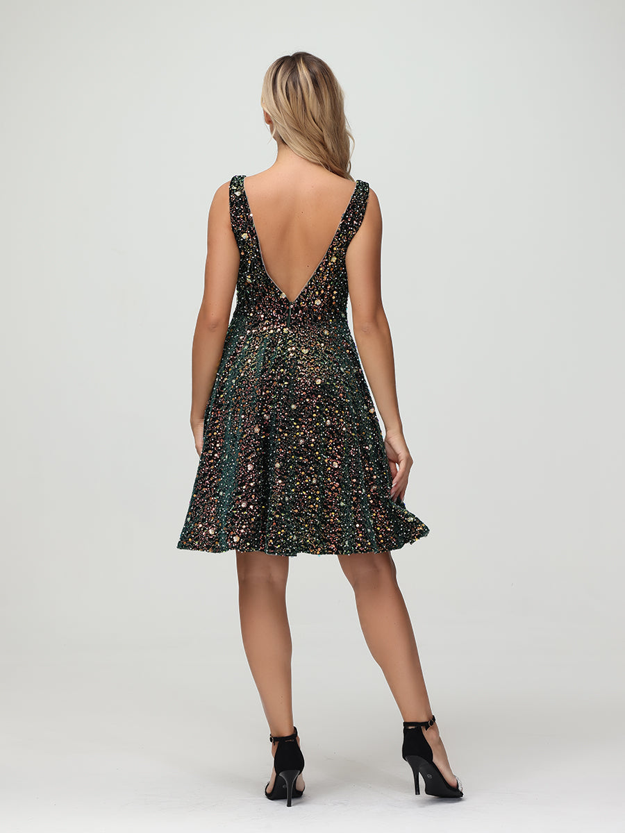 Straps V Neck Velvet Sequin A Line Homecoming Dresses