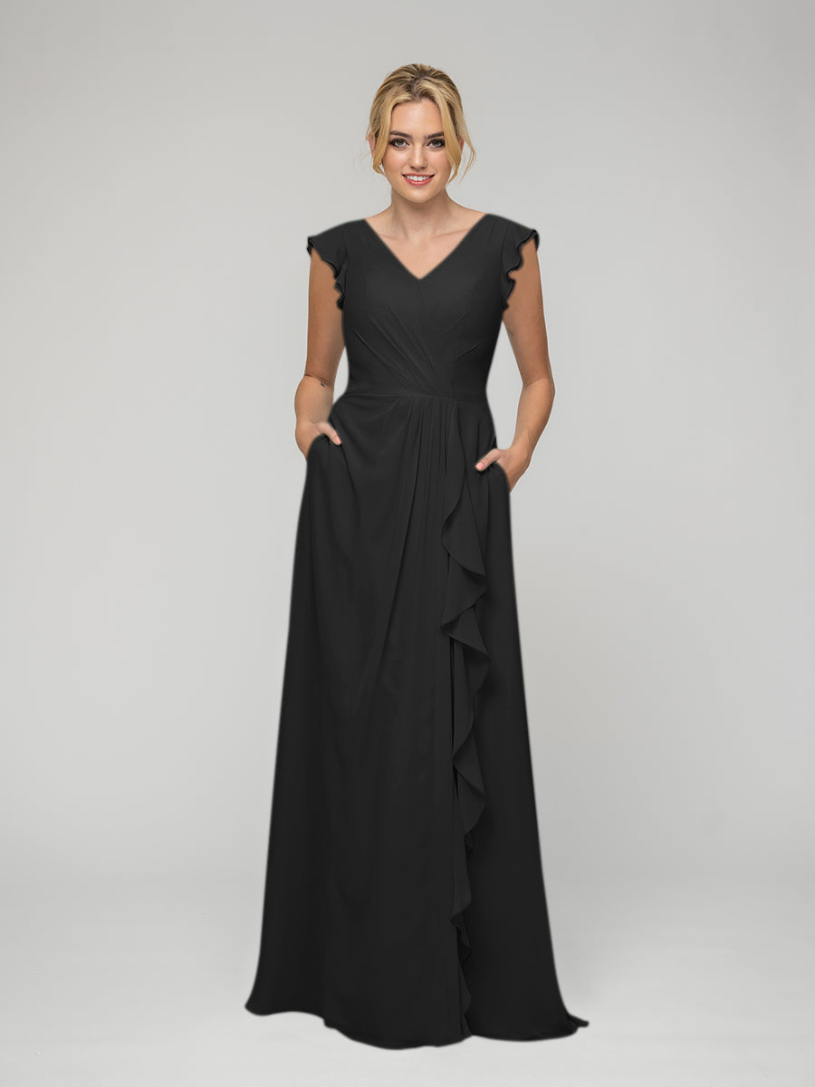 V Neck Chiffon Cap Sleeves Long Bridesmaid Dresses