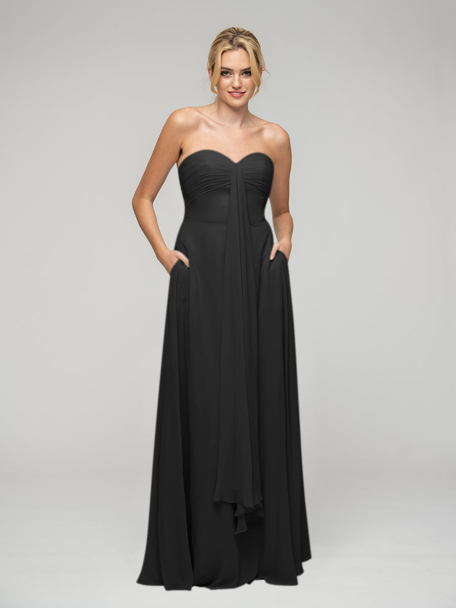 A Line Chiffon Strapless Bridesmaid Dresses With Ribbons