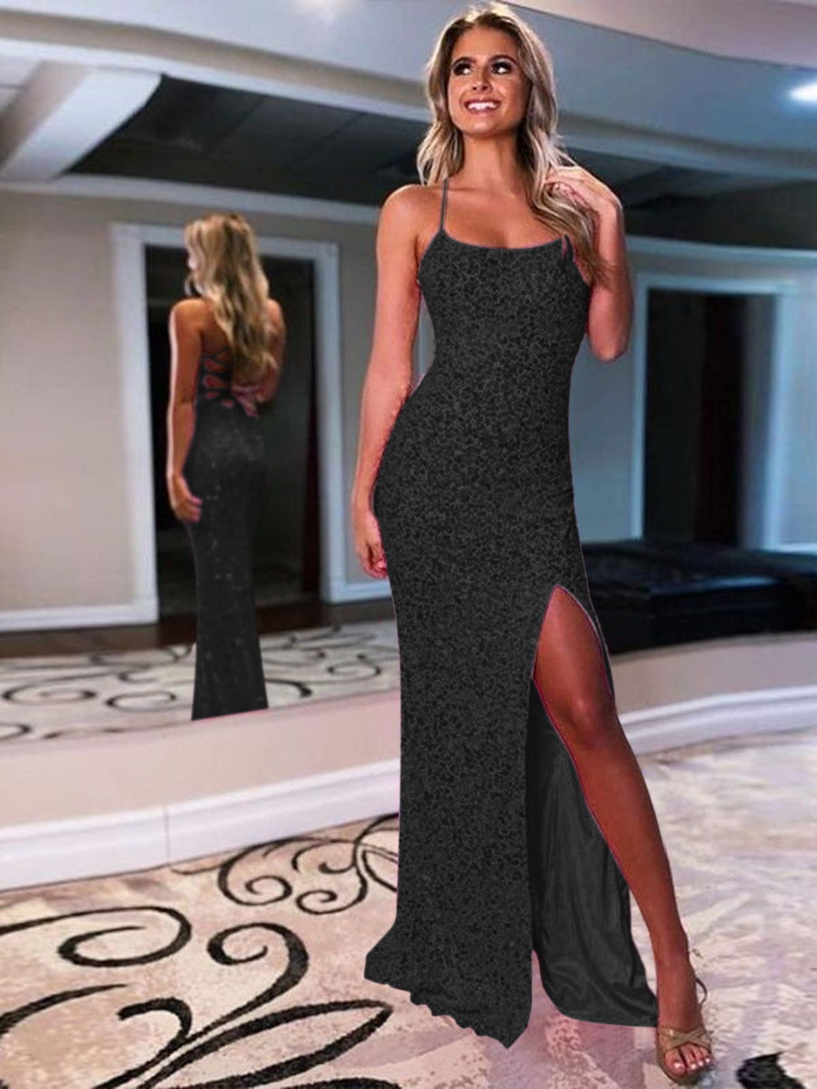 Sheath Spaghetti Straps Sleeveless Long Velvet Sequin Prom Dress