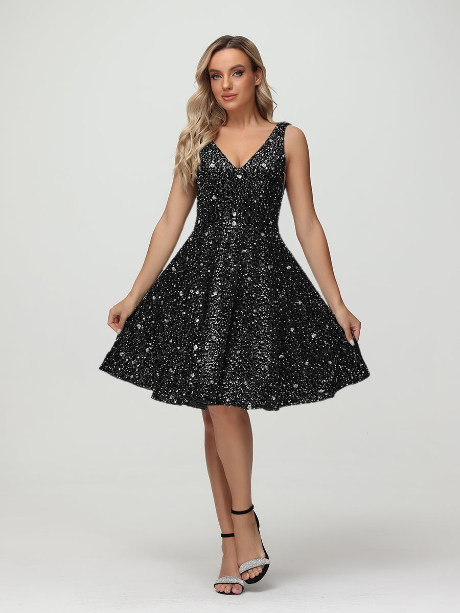Straps V Neck Velvet Sequin A Line Homecoming Dresses