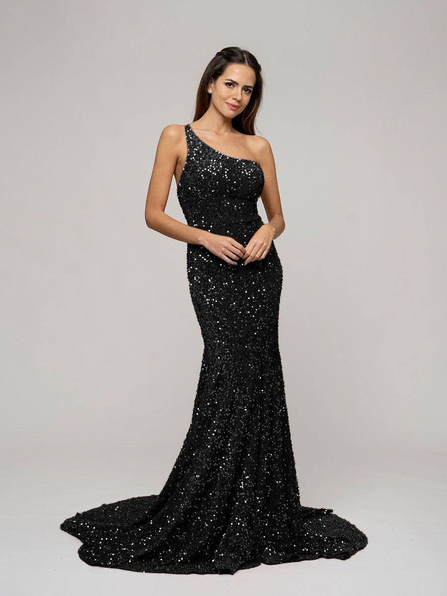 Straps Back One Shoulder Sequin Fitted Prom Dresses