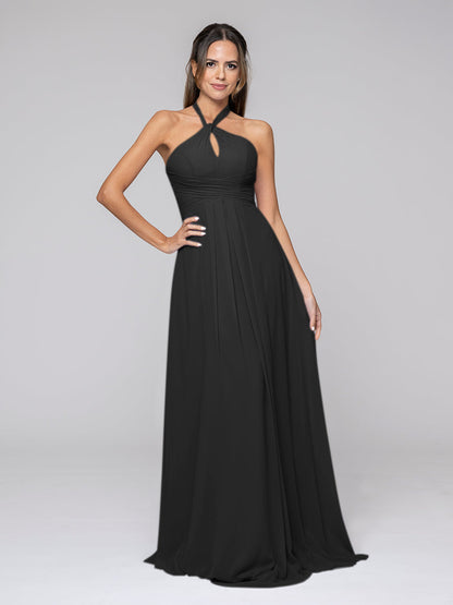 Tie-neck Halter Sleeveless Wedding Bridesmaid Dresses With Ruched Waist