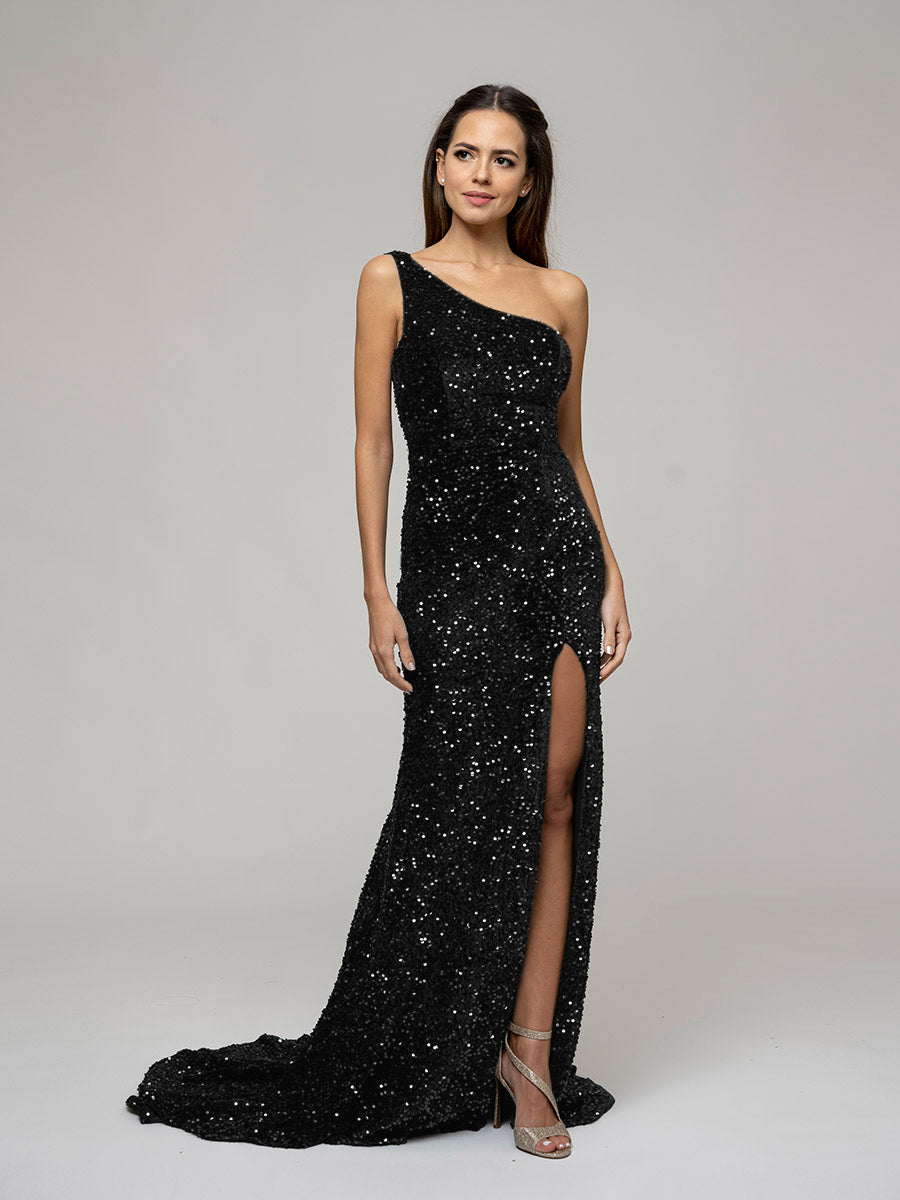 Open Back Sparkly Sequin Fitted Prom Dresses With Split
