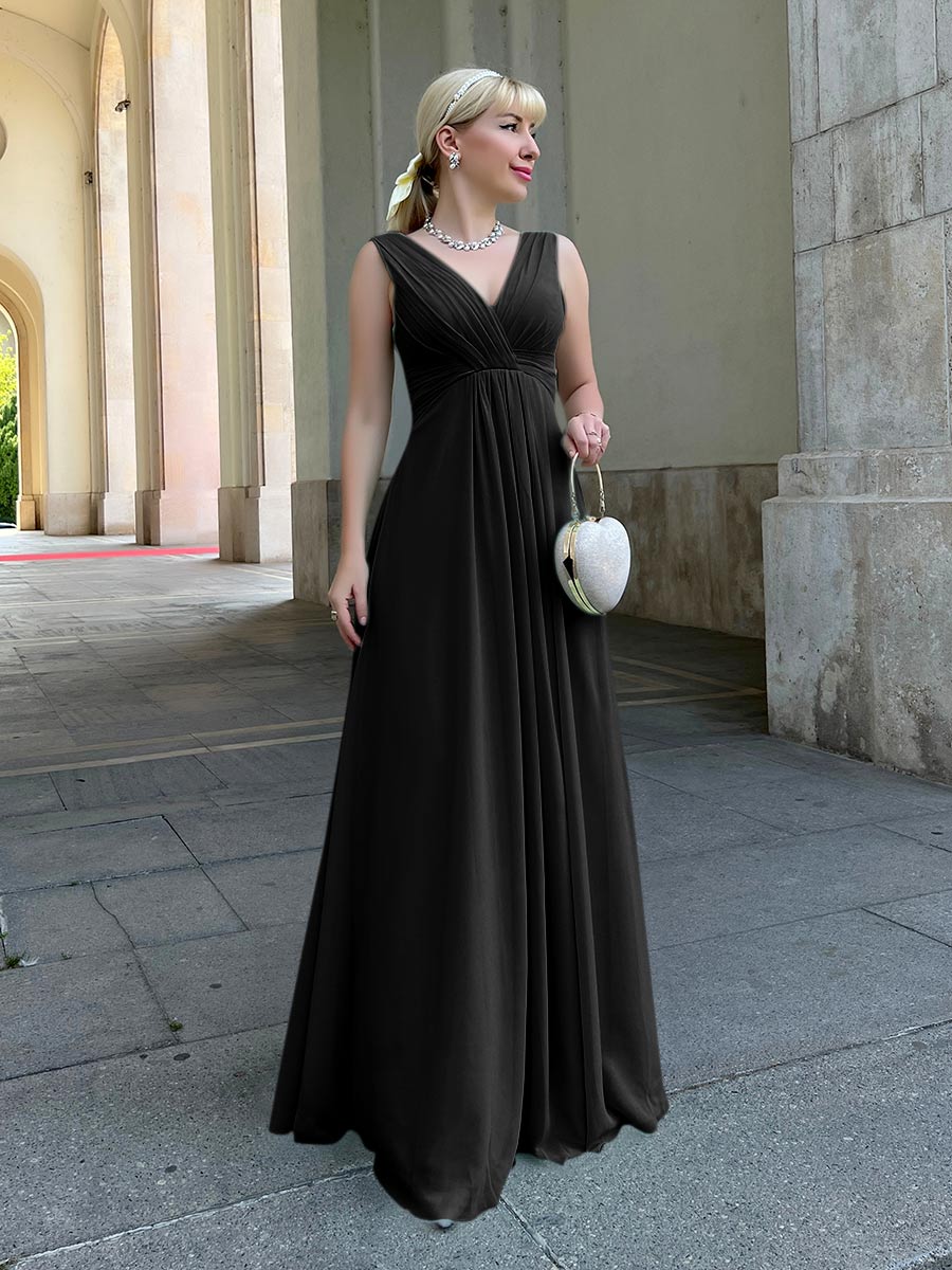 Straps Draped V-Neck Shirred Chiffon A Line Bridesmaid Dresses