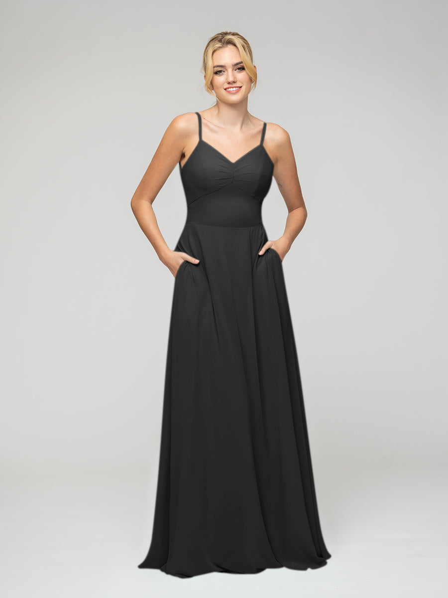 Spaghetti Strap Tie Back Long Chiffon Bridesmaid Dresses