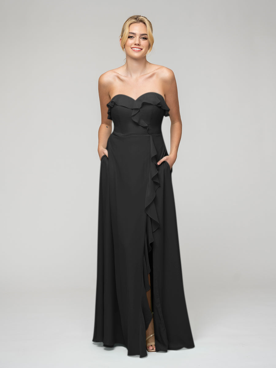 Ruffles Chiffon A Line Strapless Bridesmaid Dresses With Front Slit