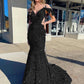 Sheath Cold Shoulder Sleeveless Long Velvet Sequin Prom Dress