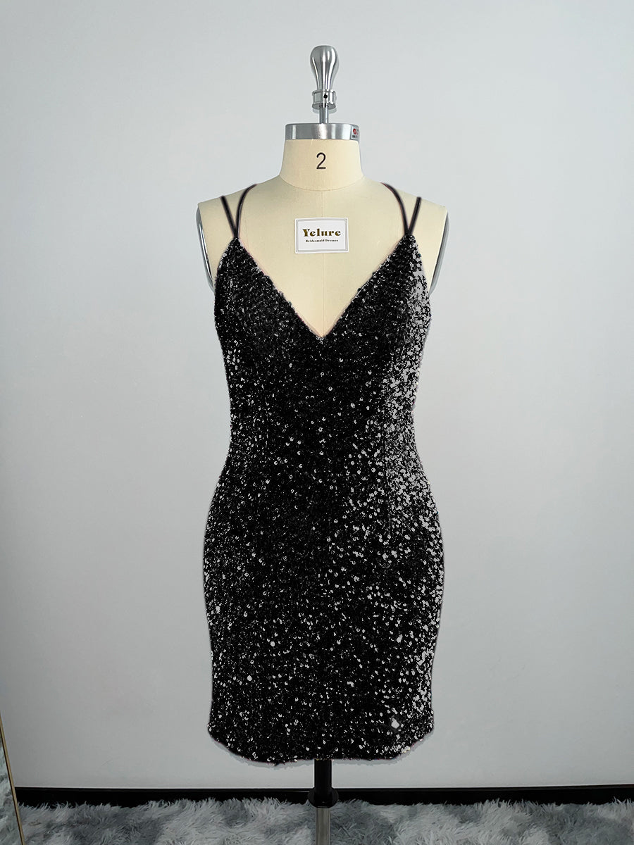Velvet Sequin V Neck Tight Homecoming Dresses With Criss Corss Back