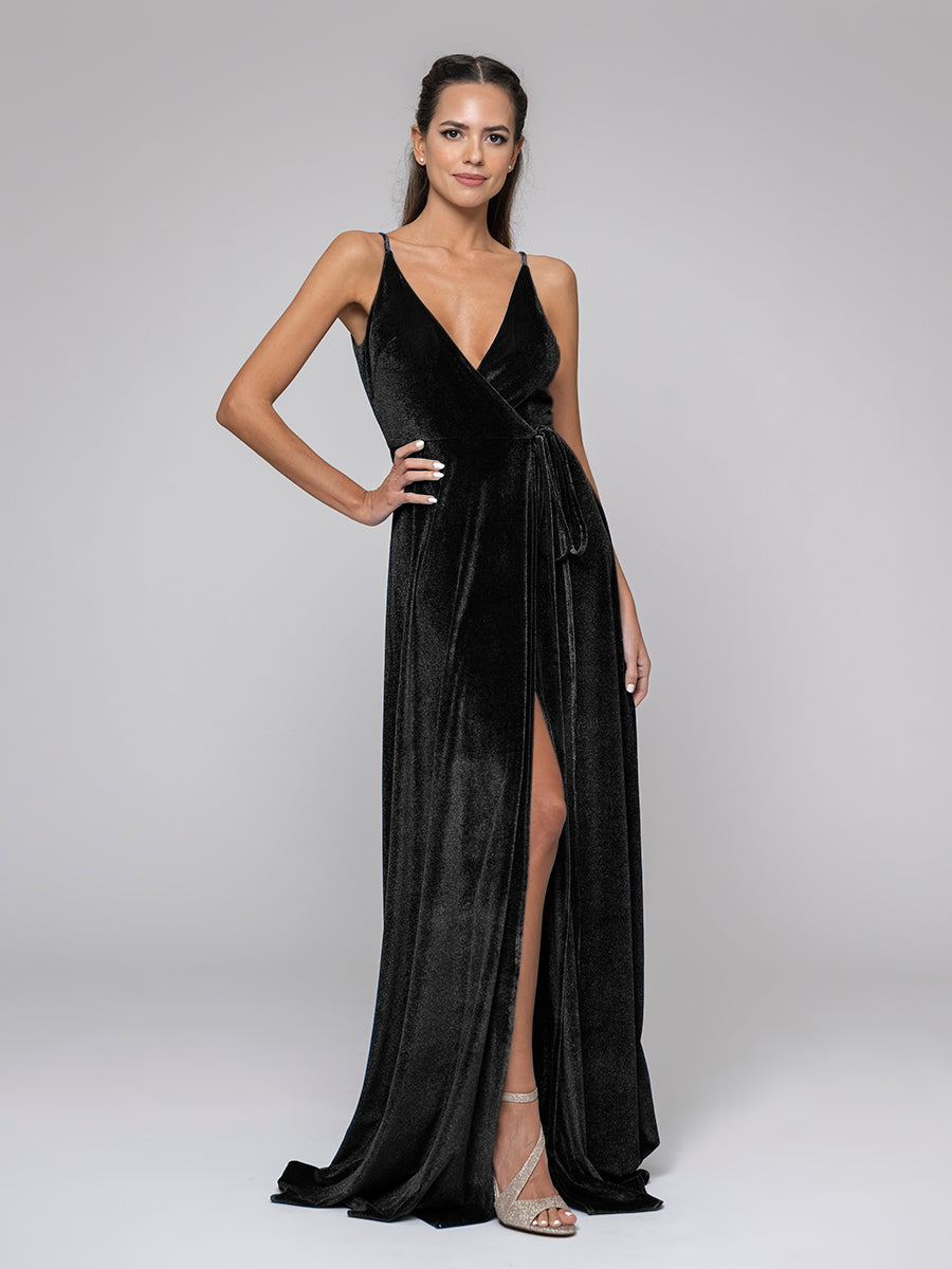 Plunging V Neckline Front Slit Velvet Long Bridesmaid Dresses