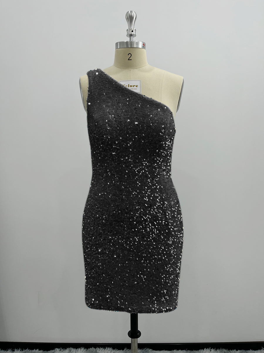 Shiny One Shoulder Velvet Sequin Sheath Homecoming Dresses