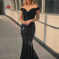 Mermaid Off the Shoulder Sexy Long Velvet Sequin Prom Dress