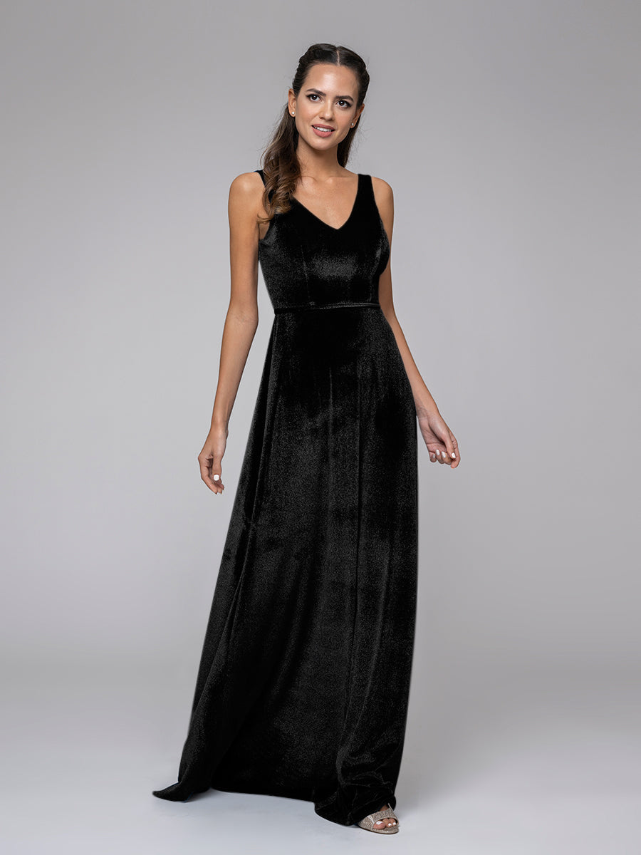 Velvet V Neck Straps A Line Long Bridesmaid Dresses