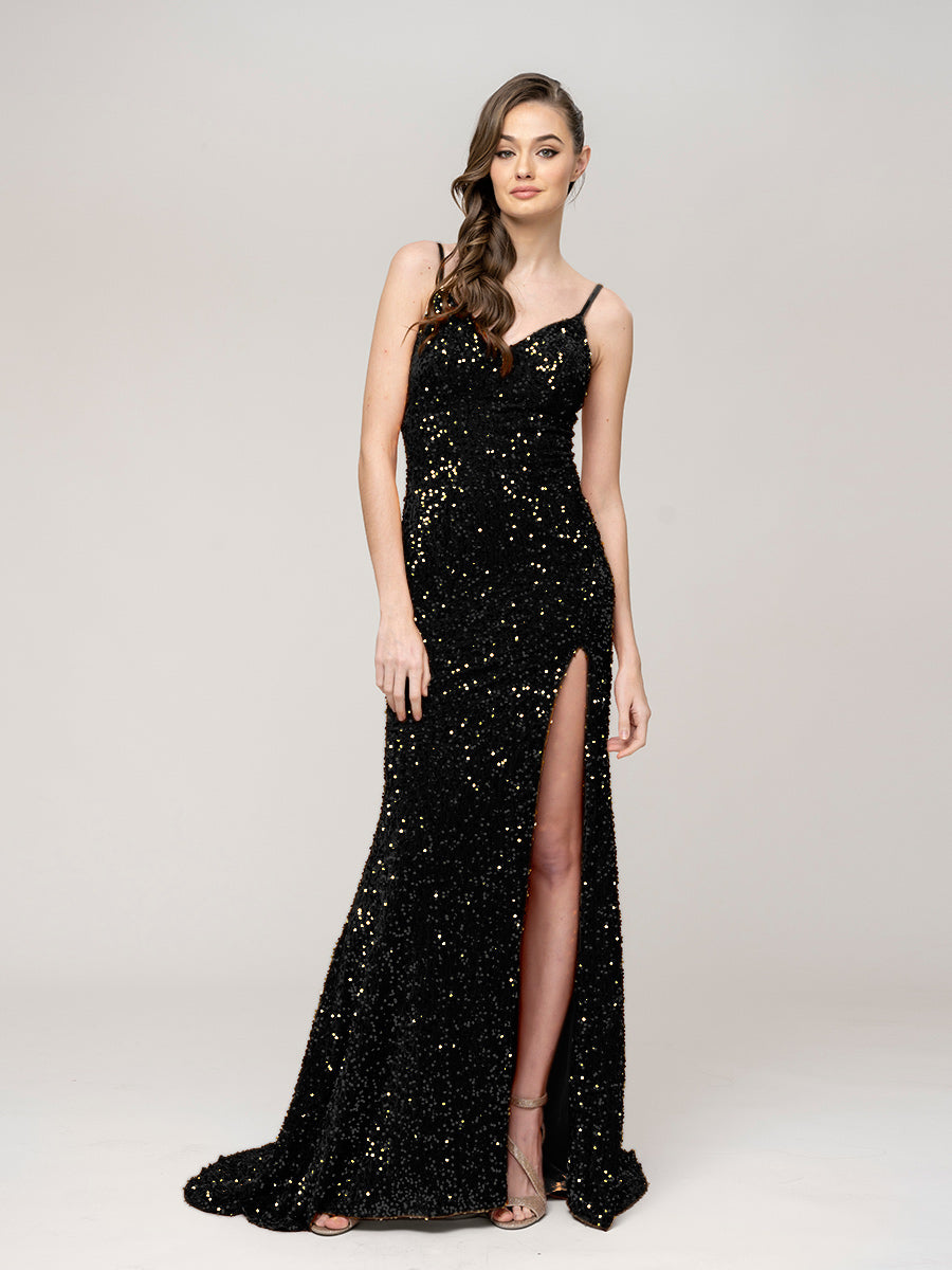 Sequin Spaghetti Strap Open Back Fitted Prom Dresses