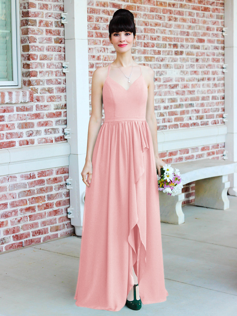 Chiffon Tie Back Bridesmaid Dresses With Ruffles Slit