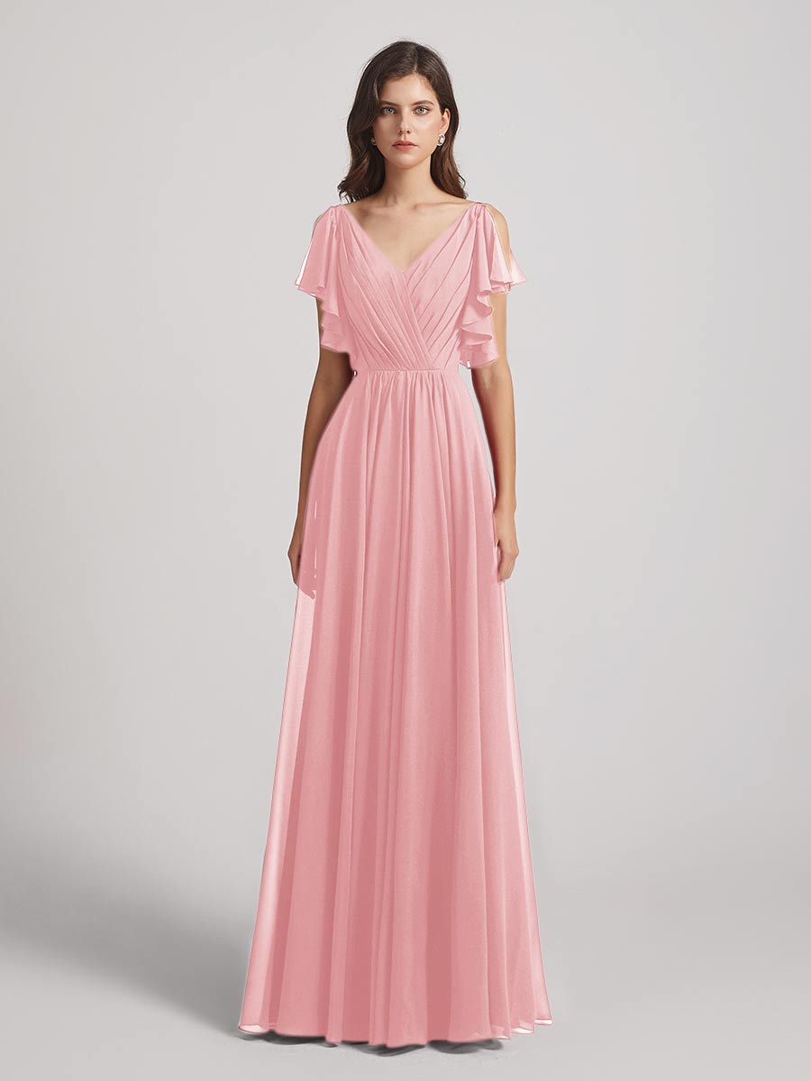 Open Flutter Sleeve Pleated Bodice A Line Bridesmaid Dresses