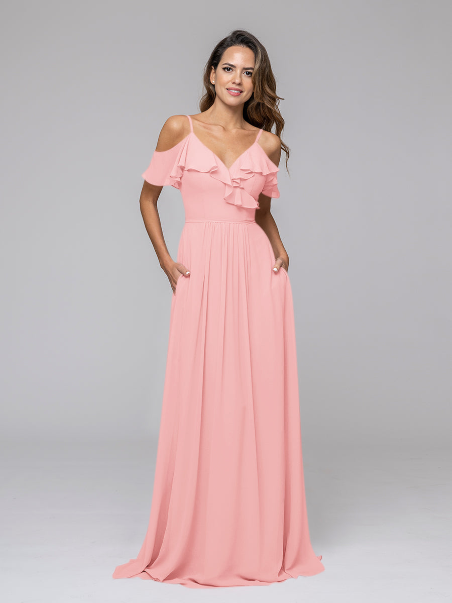 Cold Shoulder Open Back Chiffon Ruffles Long Bridesmaid Dresses