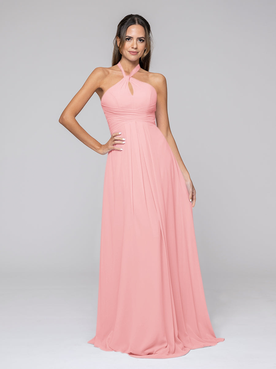 Tie-neck Halter Sleeveless Wedding Bridesmaid Dresses With Ruched Waist