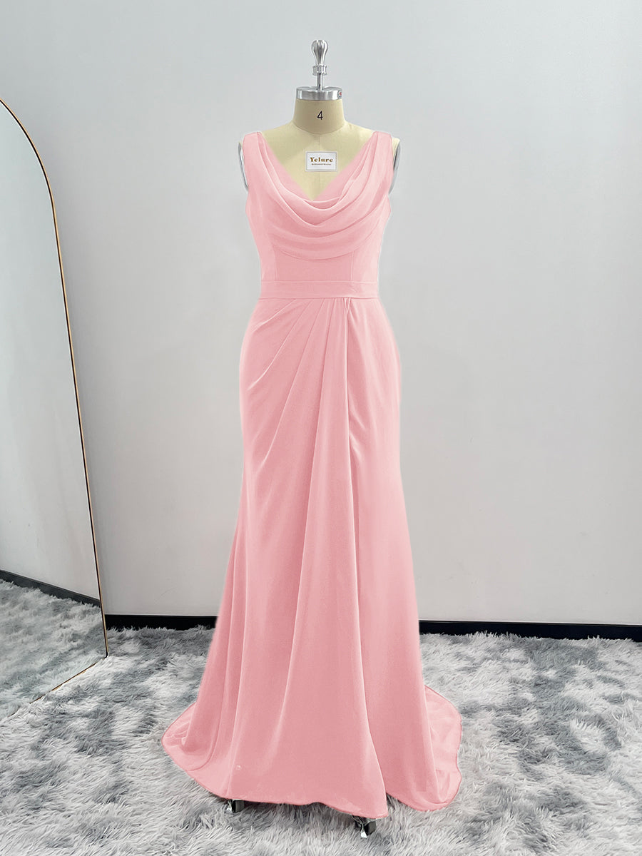 Sheath Cowl Neck Sleeveless Chiffon Bridesmaid Dresses With Slit and Ruffles