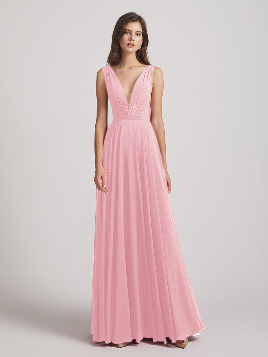 Plunging V Neck Chiffon Bridesmaid Dresses With Low Back