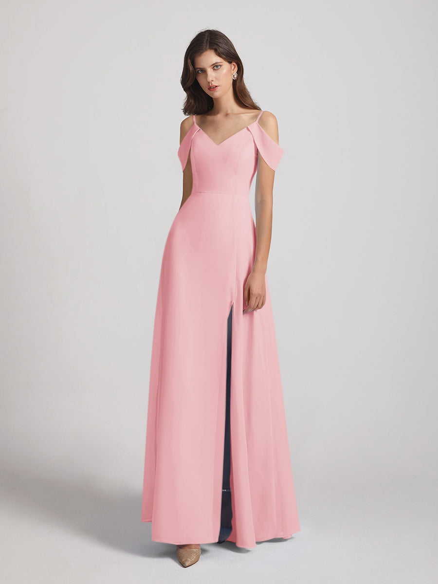 Chiffon Cold Shoulder V Neck Bridesmaid Dresses With Slit