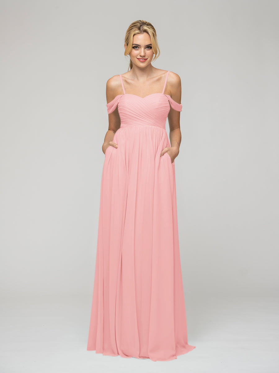 Cold Shoulder Chiffon Bridesmaid Dresses With Draped Bodice