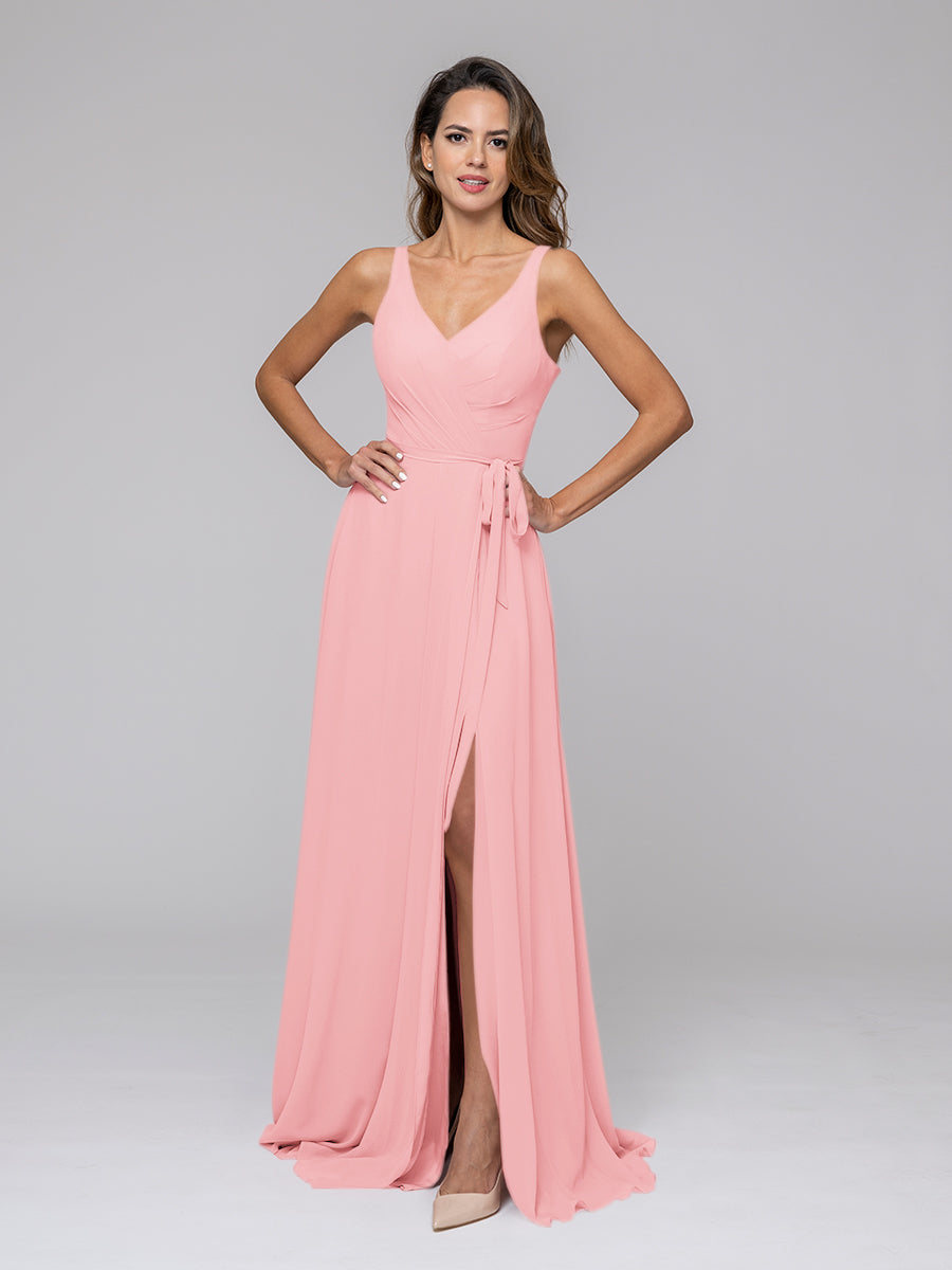 Straps Long Chiffon Bridesmaid Dresses With Side Slit