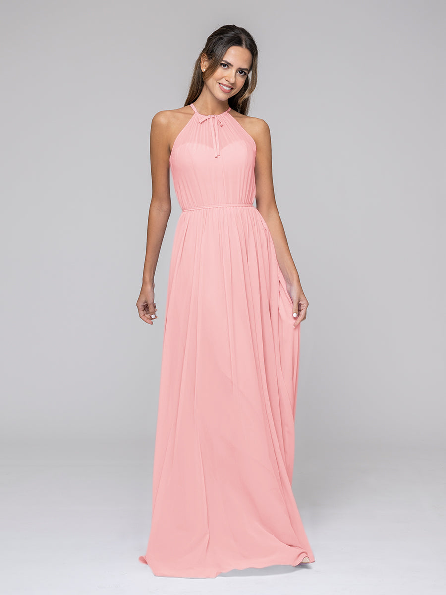 Long Chiffon Halter Bridal Party Dresses With Pleated Bodice