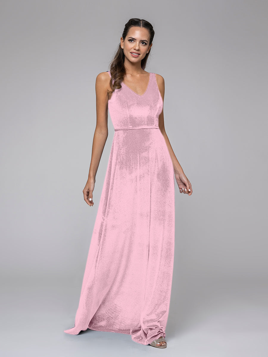 Velvet V Neck Straps A Line Long Bridesmaid Dresses