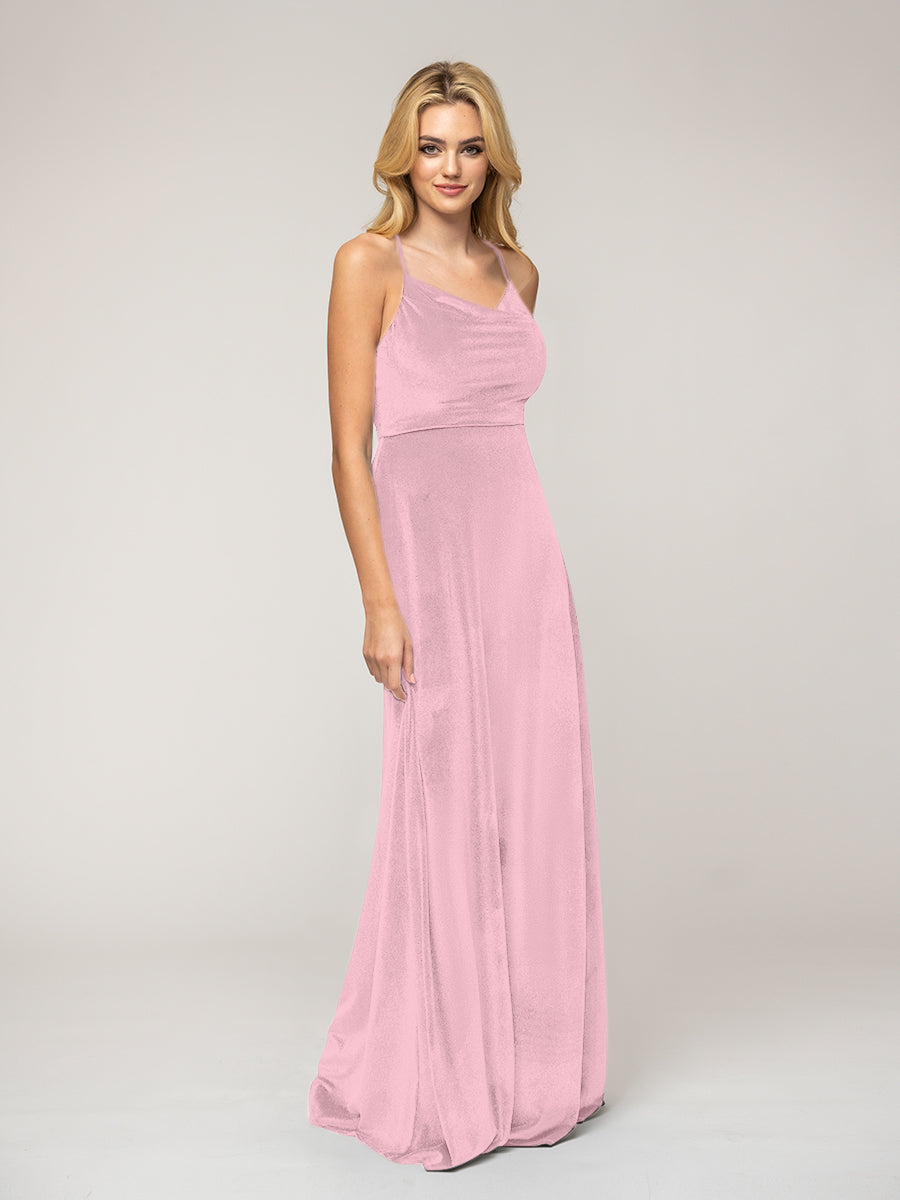 Cowl Neck Velvet Sheath Bridesmaid Dresses With Crisscross Back