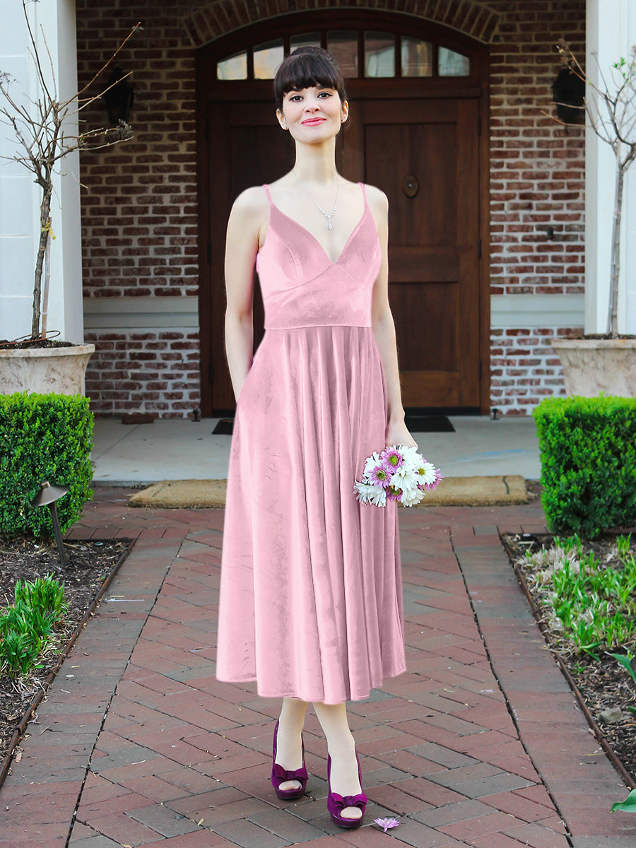 Glamorous A Line Tea Length Velvet Bridesmaid Dresses