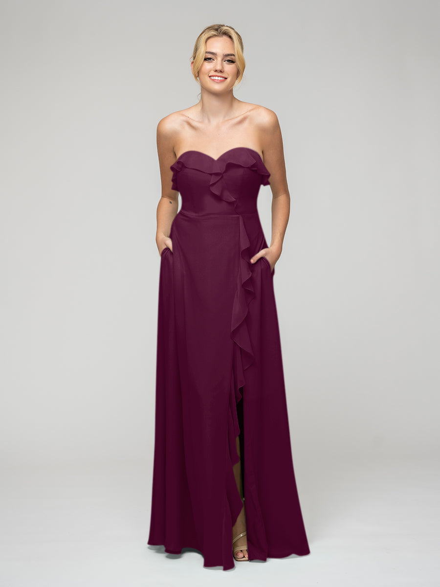 A Line Chiffon Strapless Bridesmaid Dresses With Ruffles