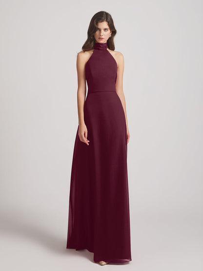 High Neck Chiffon Bridesmaid Dresses With Ribbons