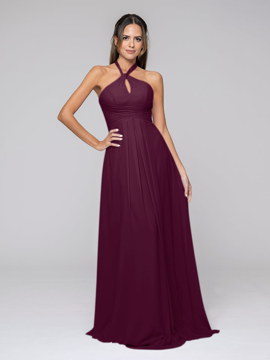 Tie-neck Halter Sleeveless Wedding Bridesmaid Dresses With Ruched Waist