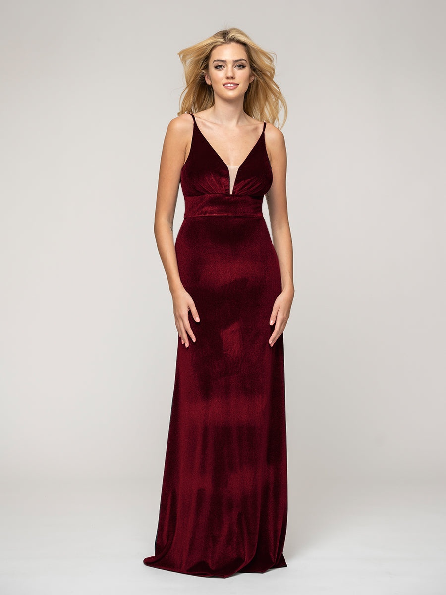 Long Velvet Sheath Bridesmaid Dresses With V Back