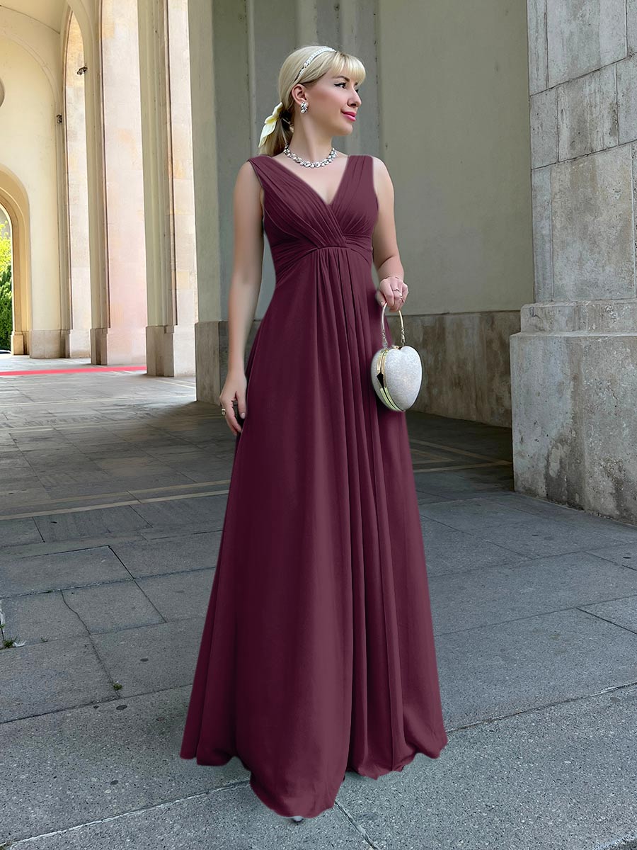 Straps Draped V-Neck Shirred Chiffon A Line Bridesmaid Dresses