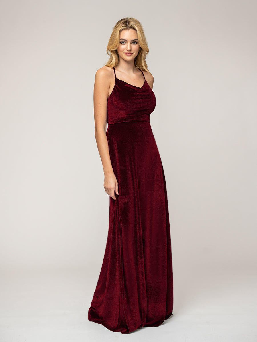 Cowl Neck Velvet Sheath Bridesmaid Dresses With Crisscross Back