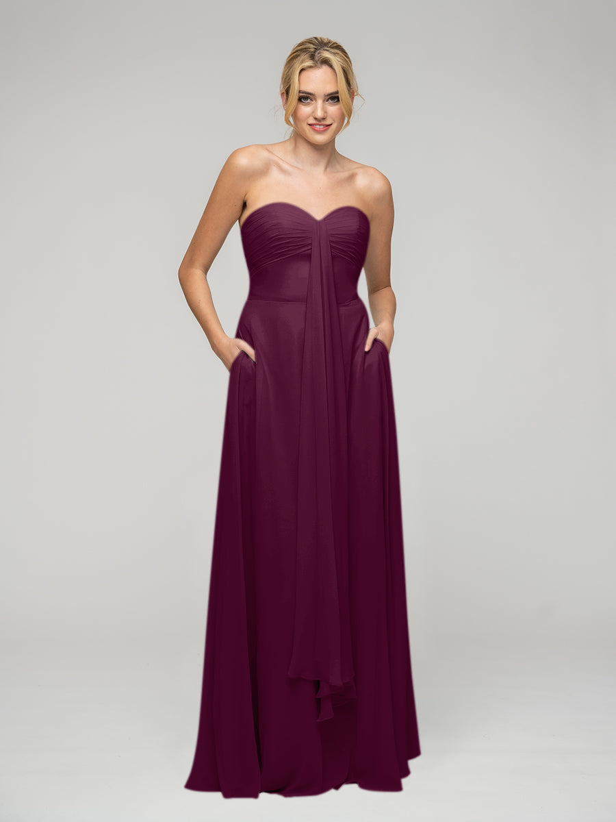 A Line Chiffon Strapless Bridesmaid Dresses With Ribbons