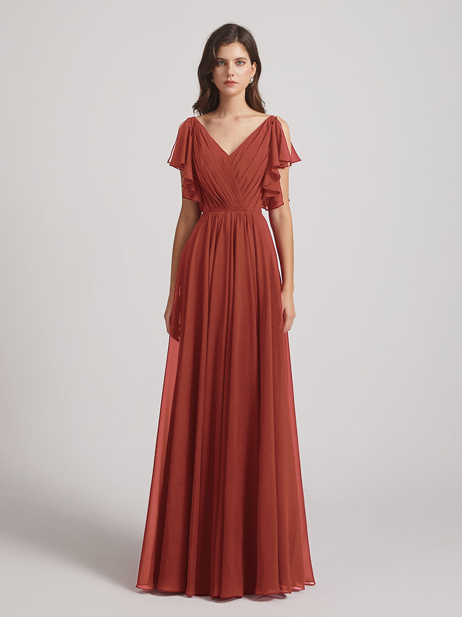 Open Flutter Sleeve Pleated Bodice A Line Bridesmaid Dresses