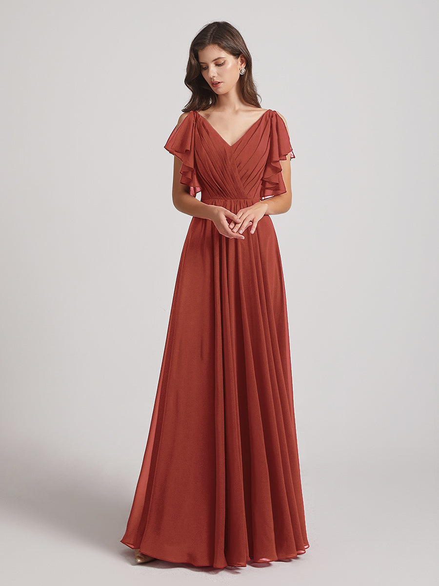 Open Flutter Sleeve Pleated Bodice A Line Bridesmaid Dresses