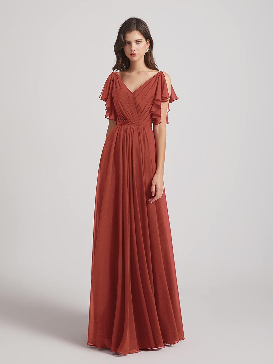 Open Flutter Sleeve Pleated Bodice A Line Bridesmaid Dresses