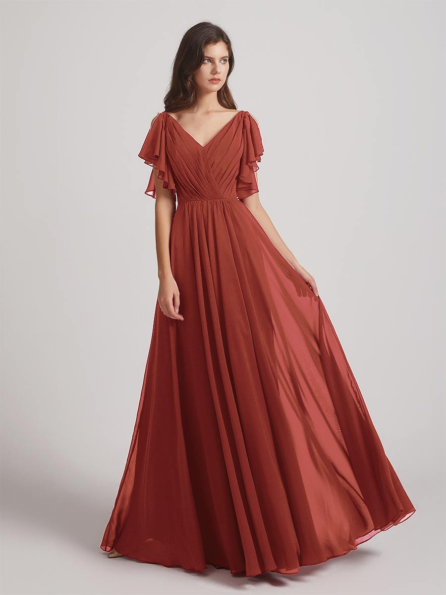 Open Flutter Sleeve Pleated Bodice A Line Bridesmaid Dresses